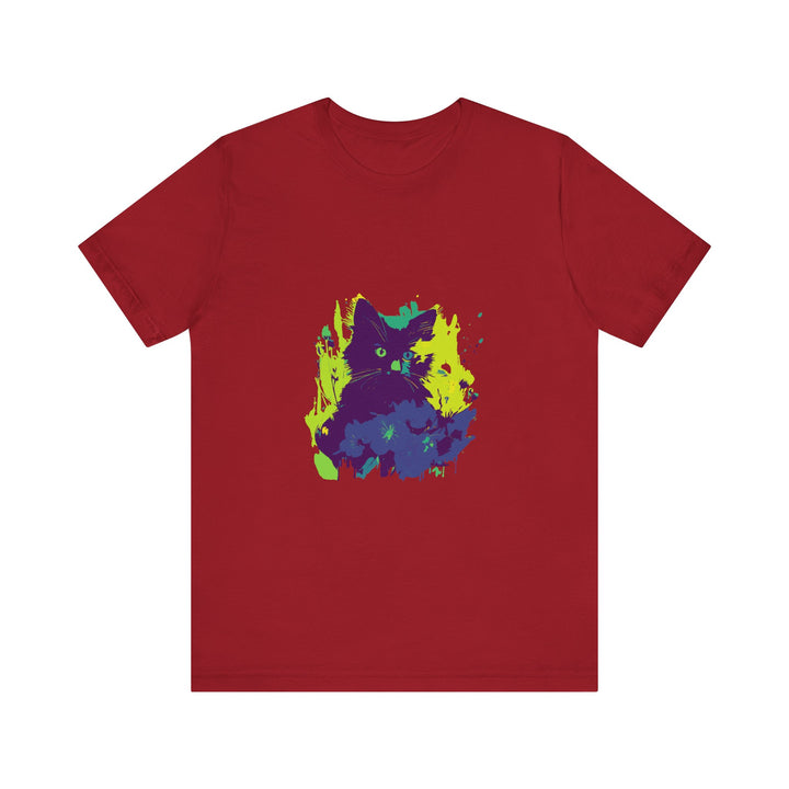 A stylish and unique abstract t-shirt featuring a mysterious black cat design