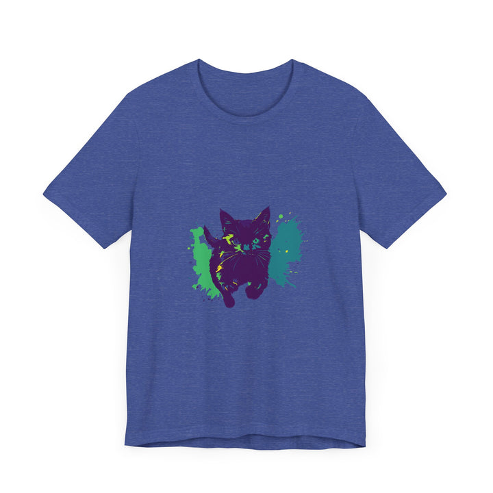 A vibrant and eye-catching Black Cat Mystery t-shirt with colorful splashes