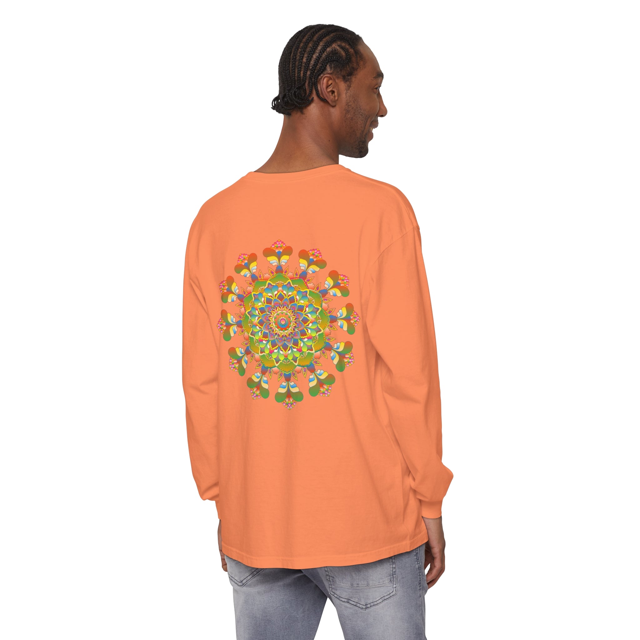 Vibrant mandala long sleeve t-shirt featuring colorful and intricate art design