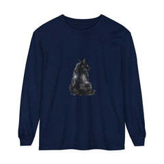 Black Cat Mystique Long Sleeve T-Shirt featuring a sleek black cat design on a comfortable long sleeve t-shirt