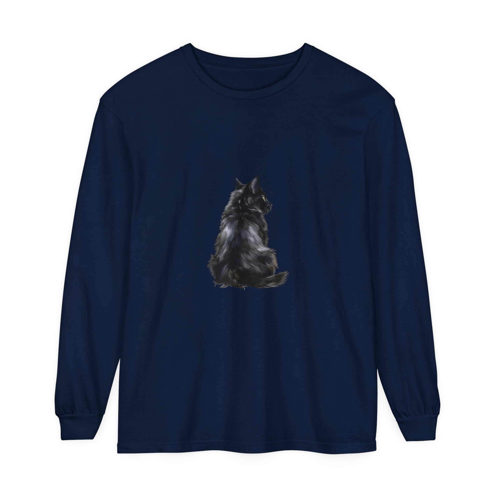 Black Cat Mystique Long Sleeve T-Shirt featuring a sleek black cat design on a comfortable long sleeve t-shirt