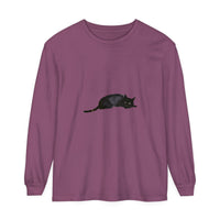 A cozy, long-sleeve unisex black t-shirt featuring an adorable sleeping cat design