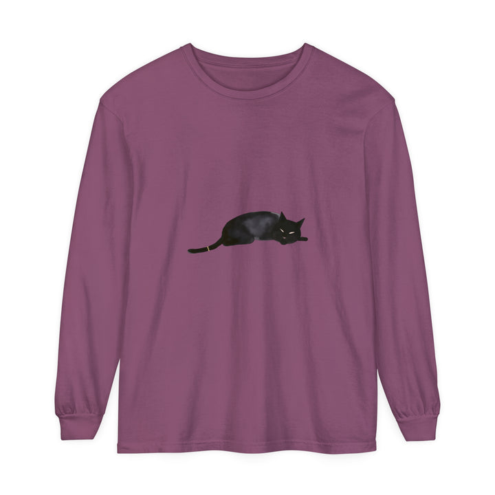 A cozy, long-sleeve unisex black t-shirt featuring an adorable sleeping cat design