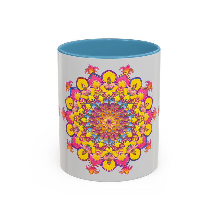 A vibrant and colorful ceramic mug featuring a mandala design for peaceful meditation