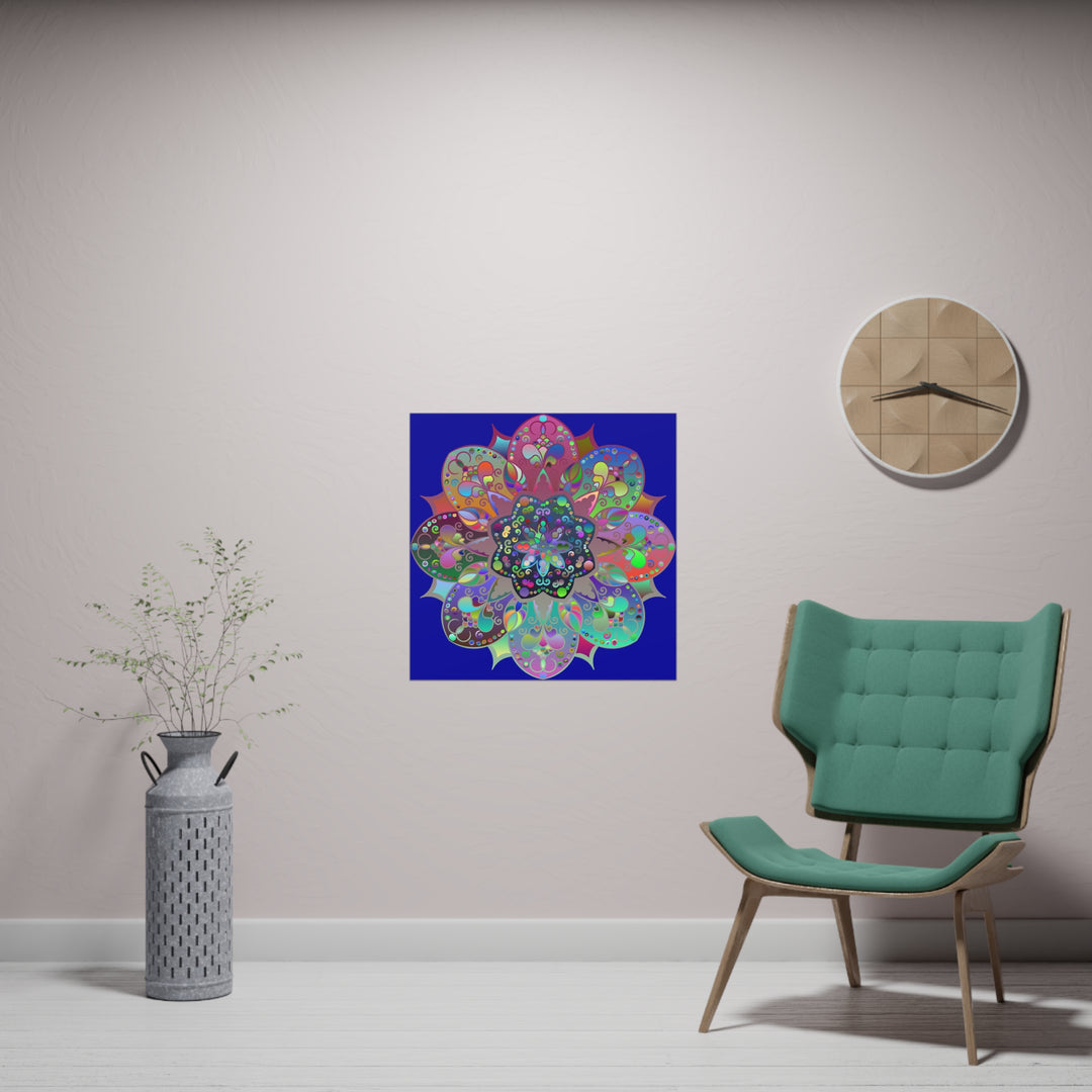 Dark blue square matte paper poster adorned with a mesmerizing hand-drawn mandala art