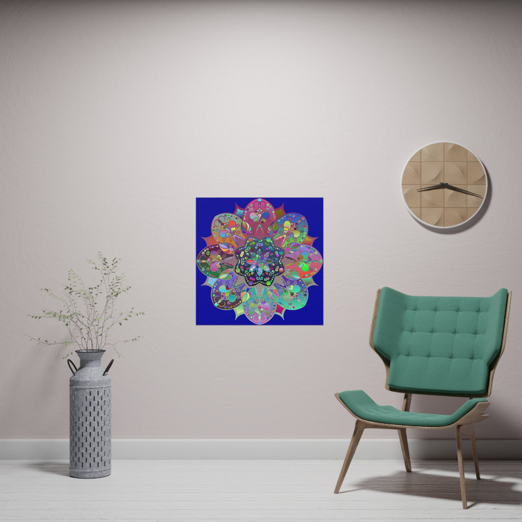 Dark blue square matte paper poster adorned with a mesmerizing hand-drawn mandala art