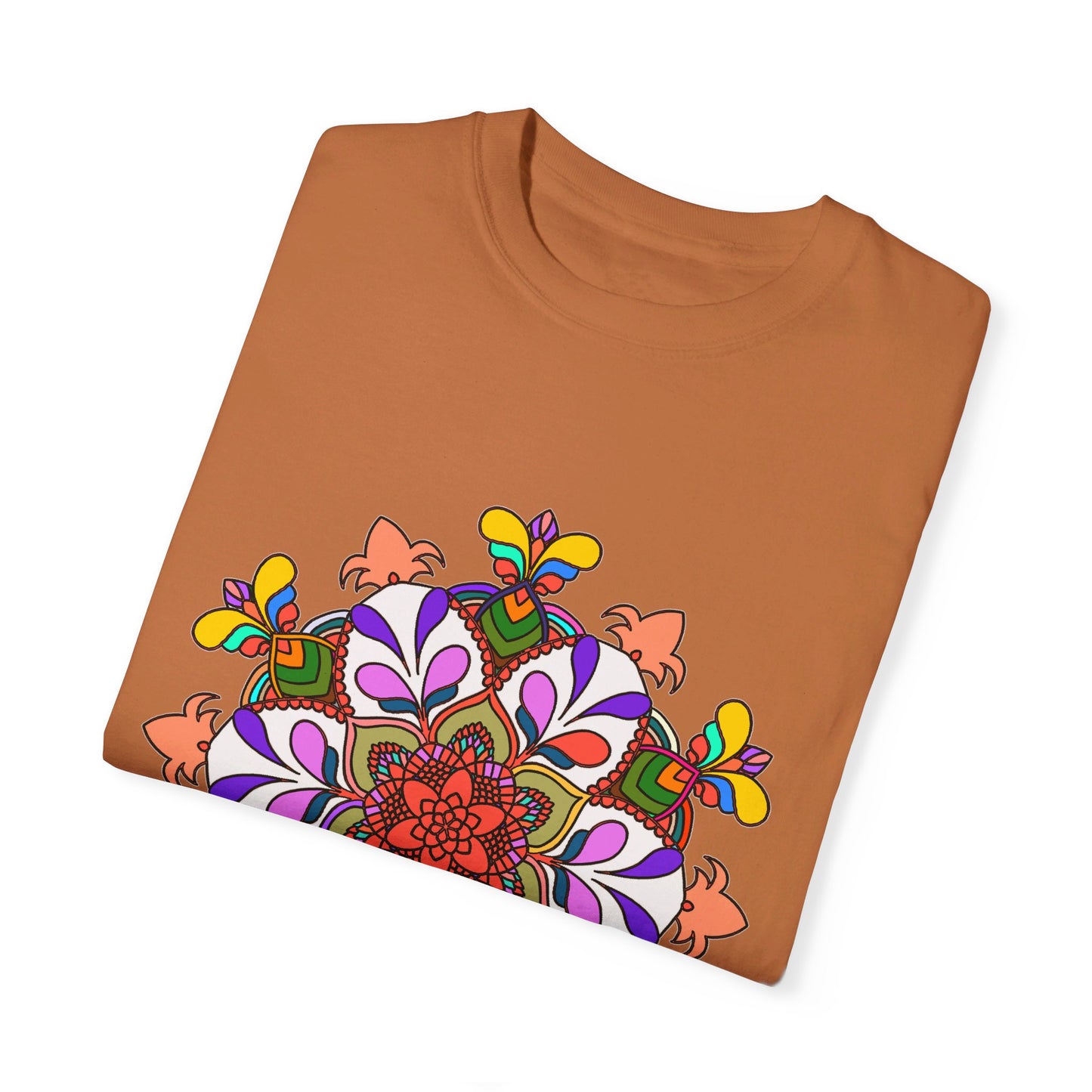 Unisex Mandala T-Shirt featuring hand-drawn mandala art, made from 100% ring-spun cotton, and garment-dyed for extra comfort