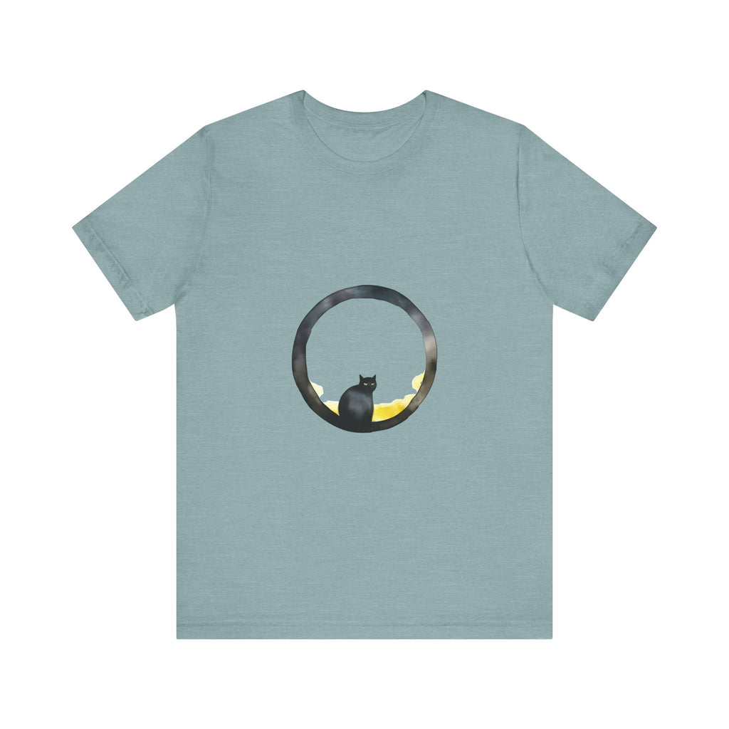 A black cat with a mischievous expression sits under a crescent moon on a whimsical style tee shirt