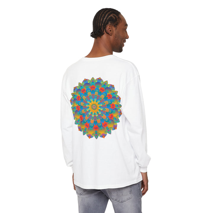 Colorful and intricate mandala design on a long sleeve unisex t-shirt