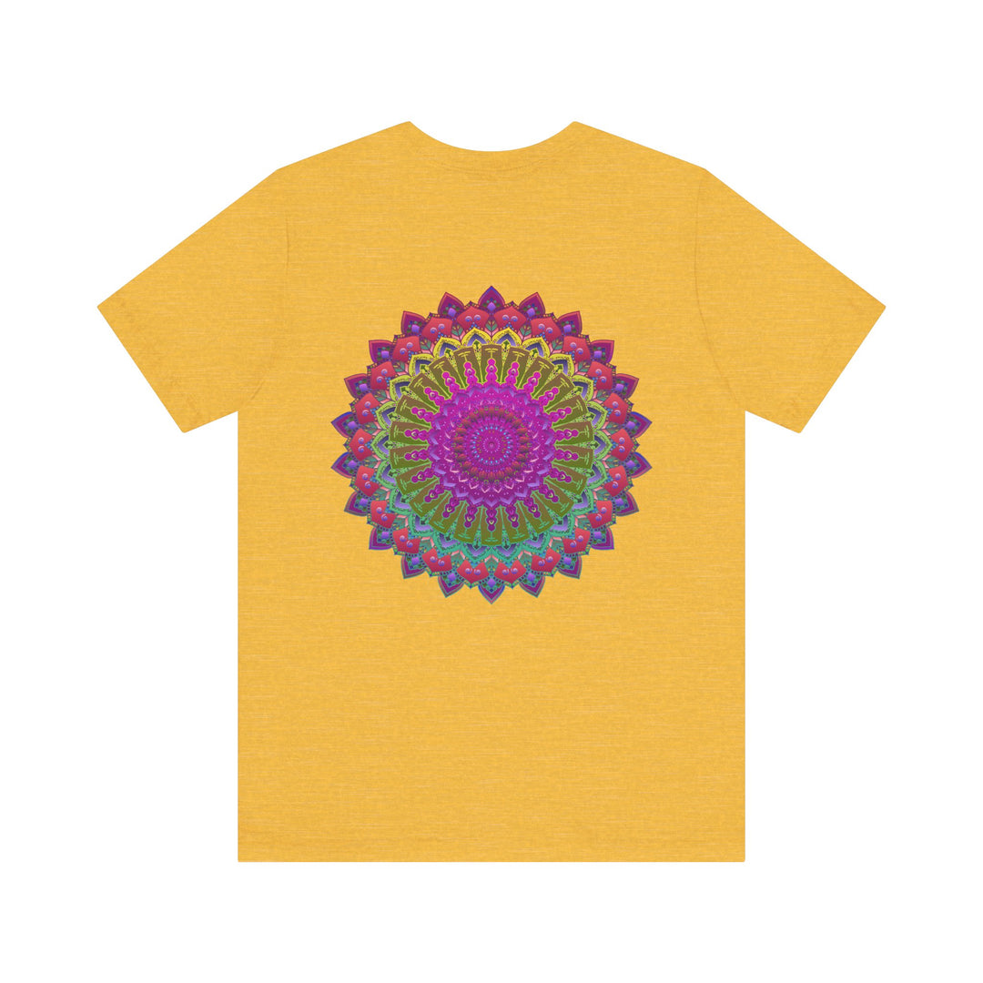 A colorful and intricate mandala design on a t-shirt representing spiritual peace and harmony