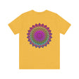 A colorful and intricate mandala design on a t-shirt representing spiritual peace and harmony