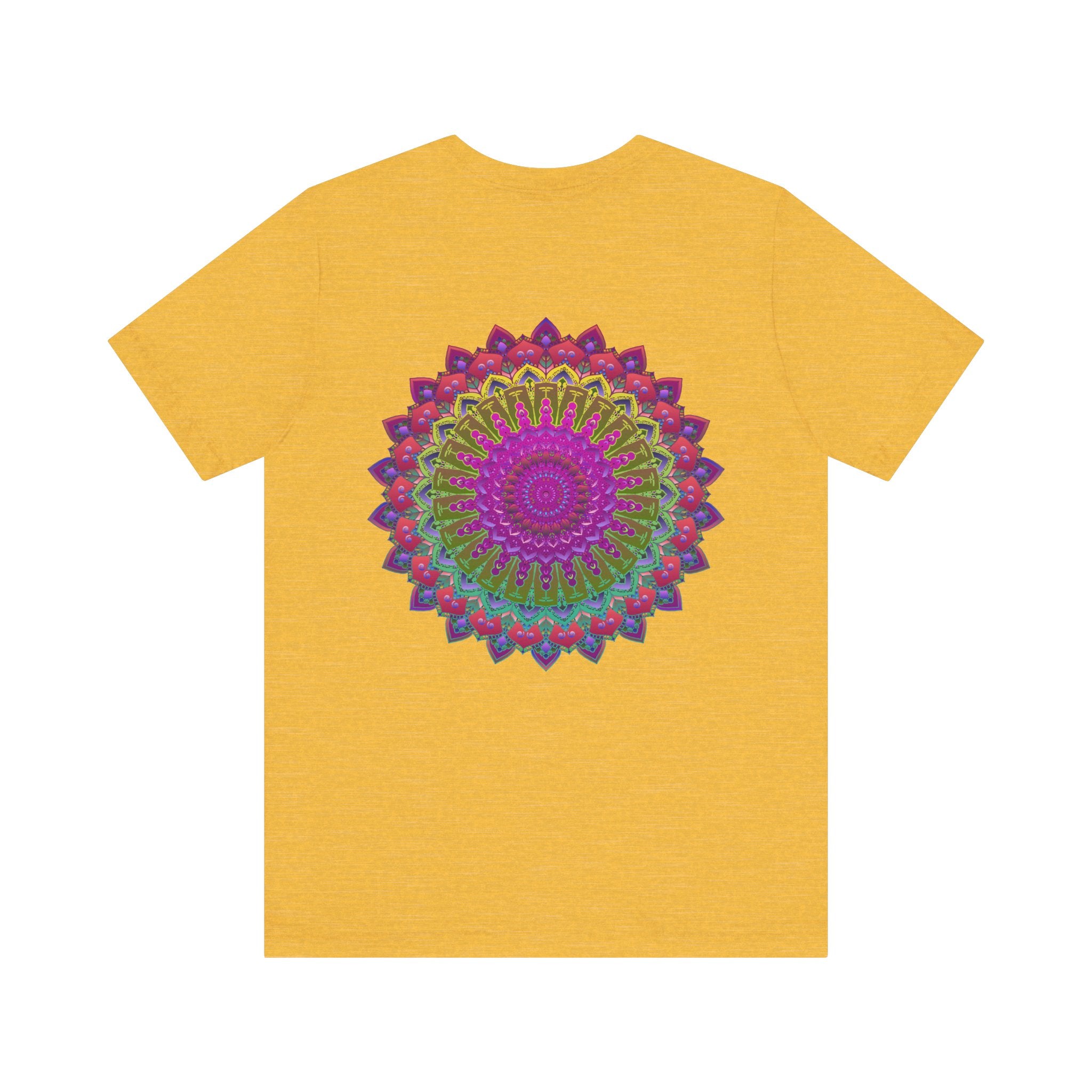 A colorful and intricate mandala design on a t-shirt representing spiritual peace and harmony