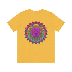 A colorful and intricate mandala design on a t-shirt representing spiritual peace and harmony