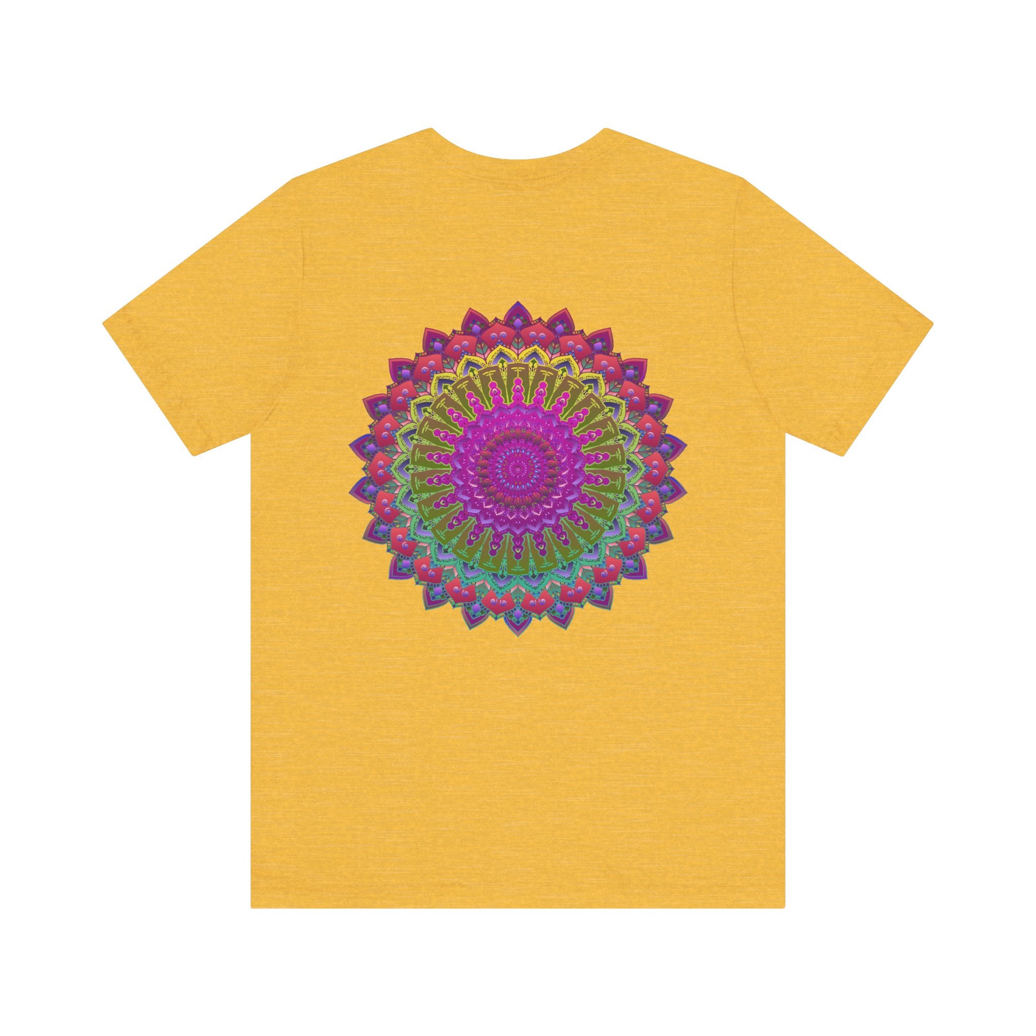A colorful and intricate mandala design on a t-shirt representing spiritual peace and harmony