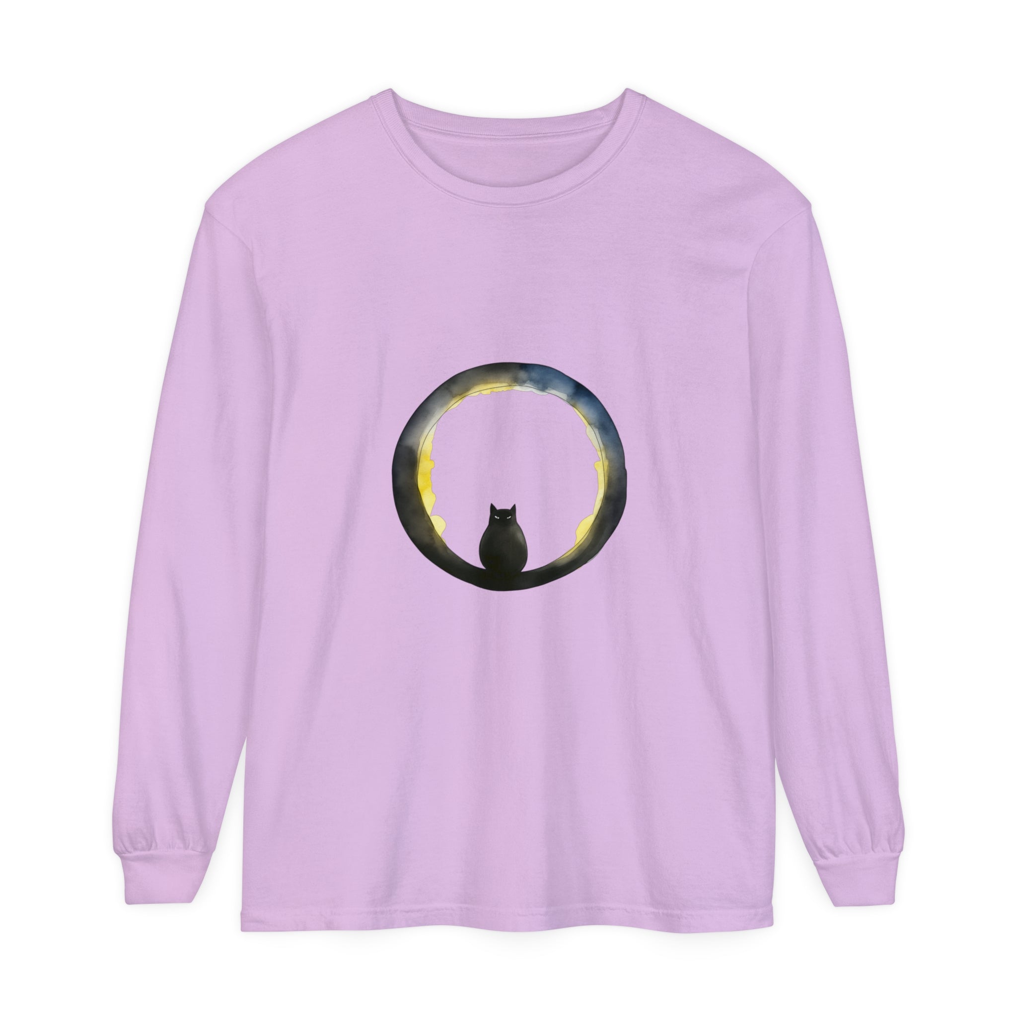 A black cat silhouette sitting against a crescent moon on a Halloween-themed t-shirt