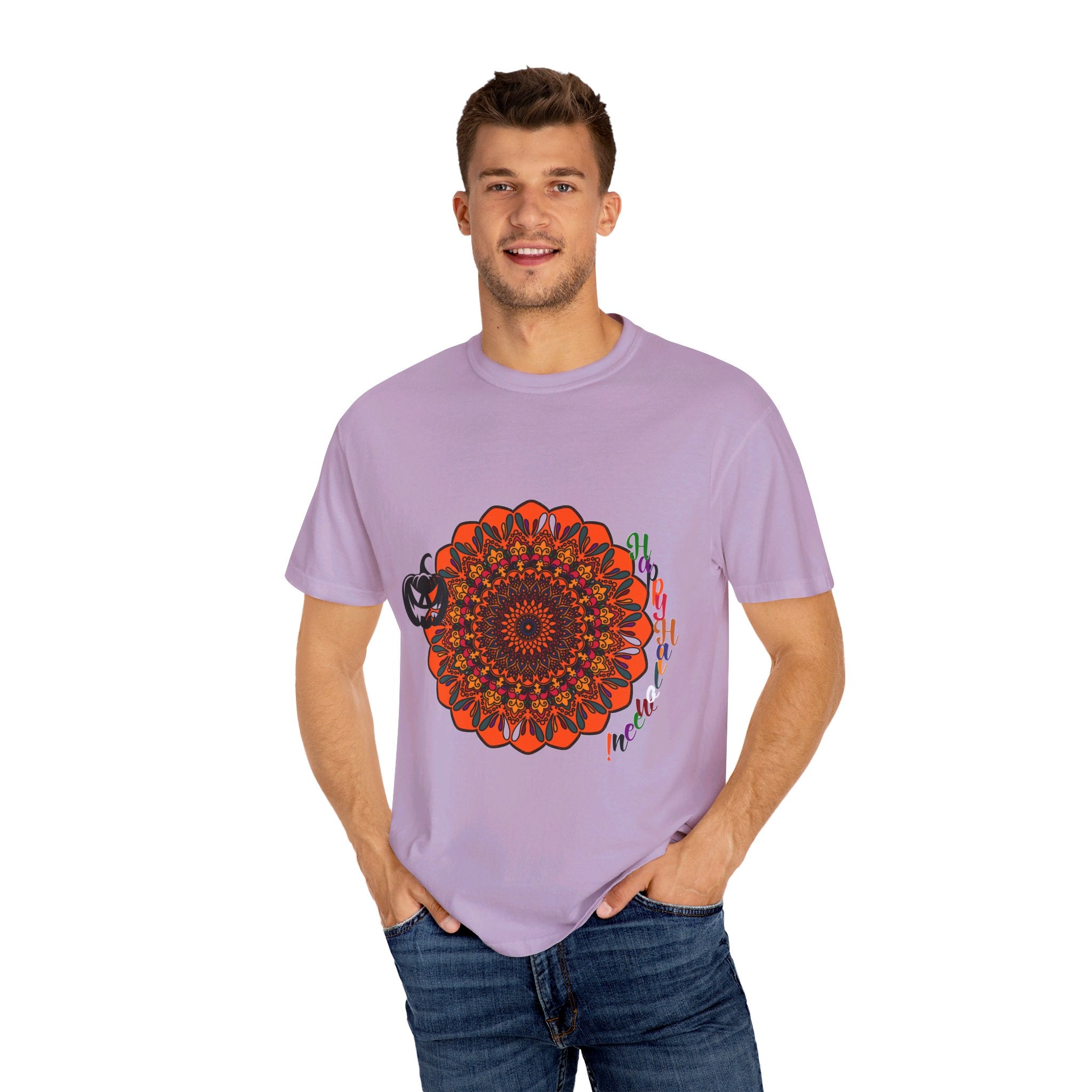 Unisex Halloween Mandala T-shirt featuring handmade pumpkin mandala art on a garment-dyed tee