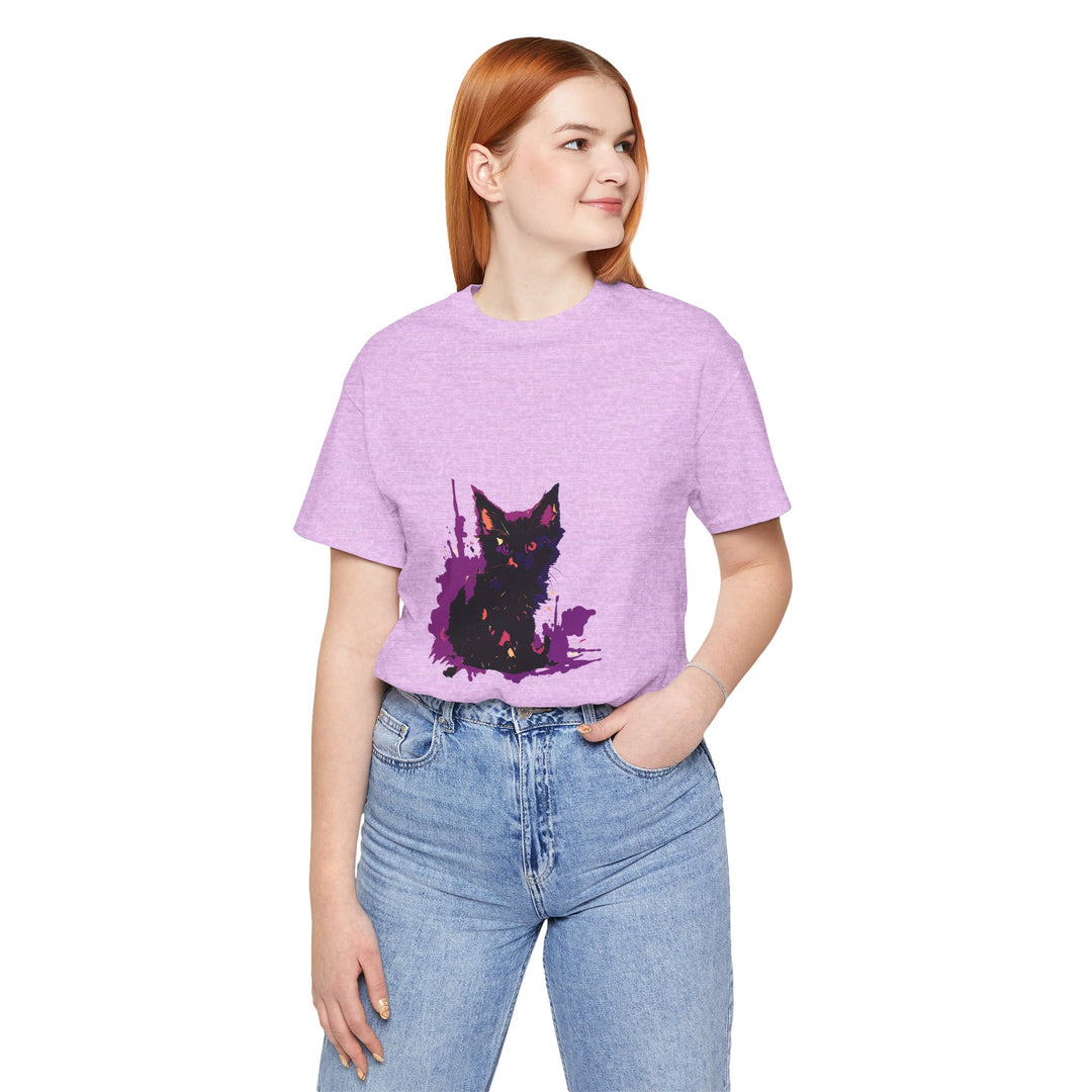 Schwarzes Katzenrätsel – Lila Farbspritzer-T-Shirt