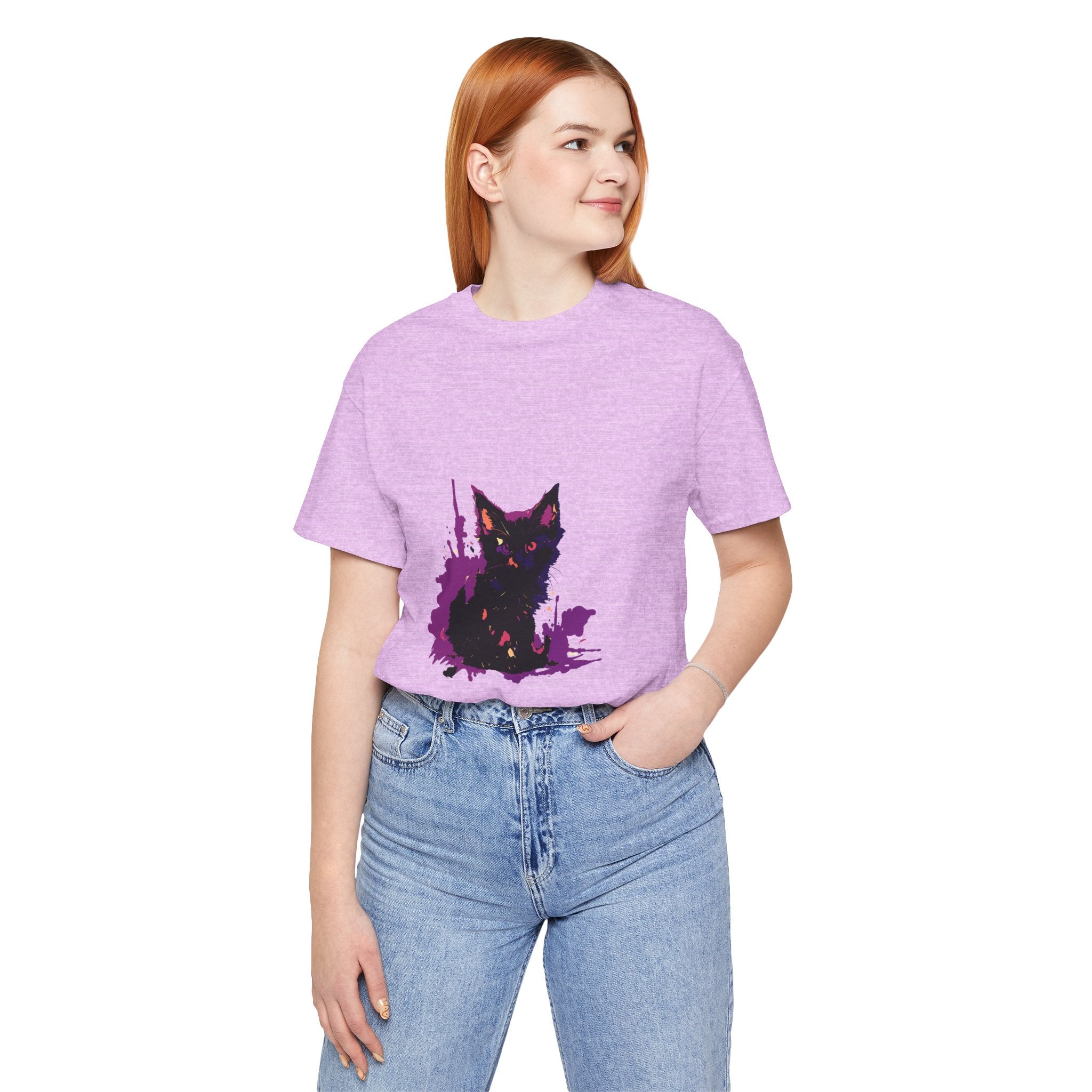 Schwarzes Katzenrätsel – Lila Farbspritzer-T-Shirt