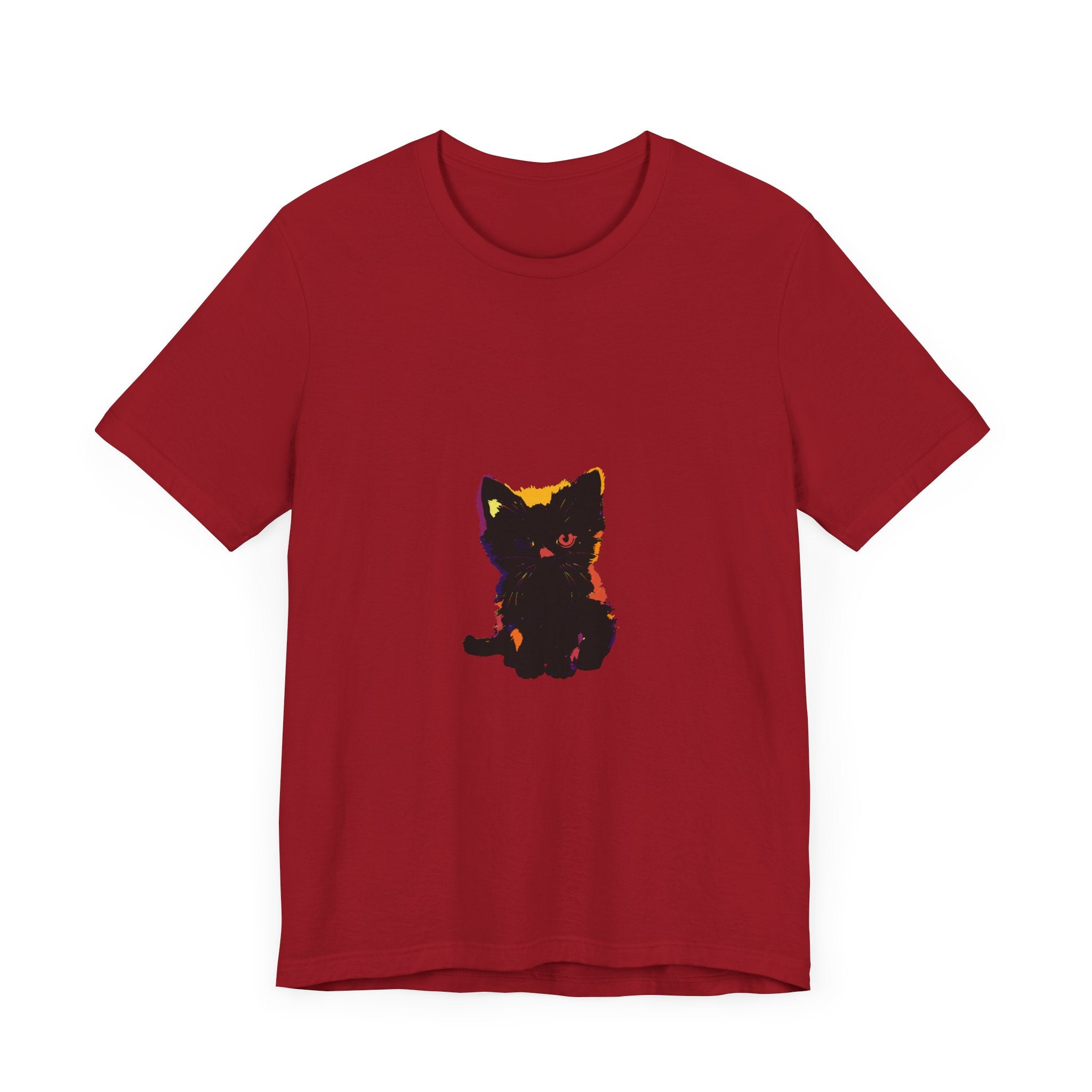 Black Cat Mystery - One Blue Eye T-Shirt featuring an adorable black cat with striking blue eyes on a black t-shirt