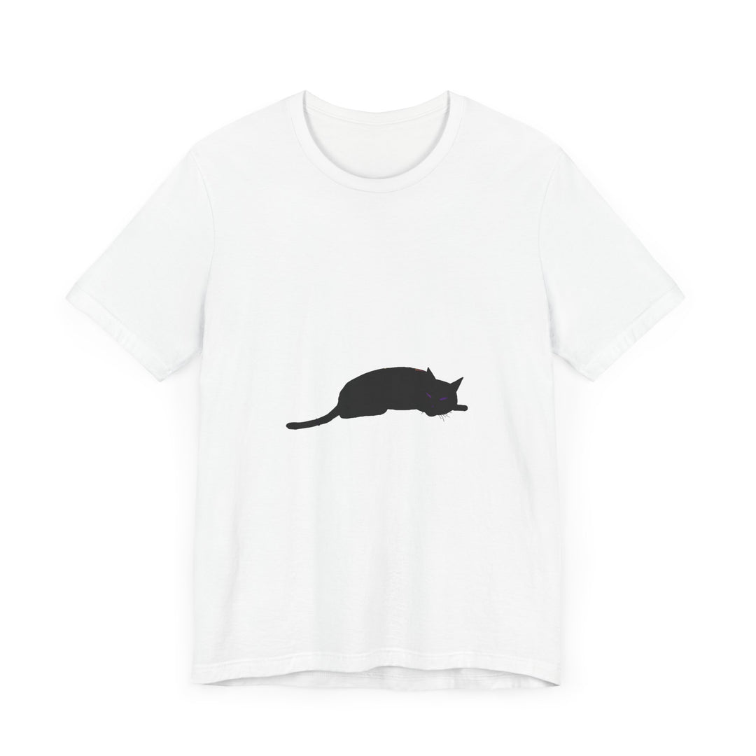 Black Cat Mystery T-Shirt - Spooky & Cool: A black t-shirt featuring a mysterious and stylish cat design, perfect for Halloween or everyday wear