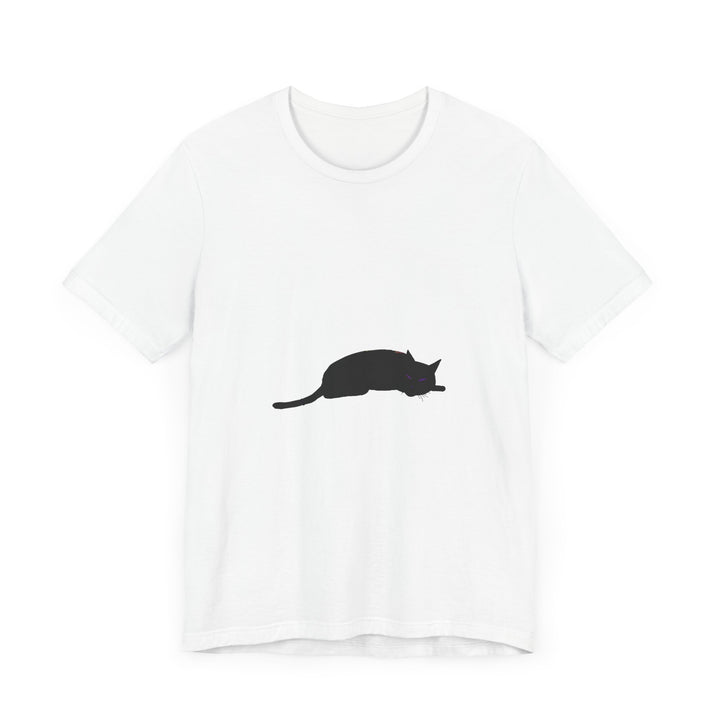 Black Cat Mystery T-Shirt - Spooky & Cool: A black t-shirt featuring a mysterious and stylish cat design, perfect for Halloween or everyday wear