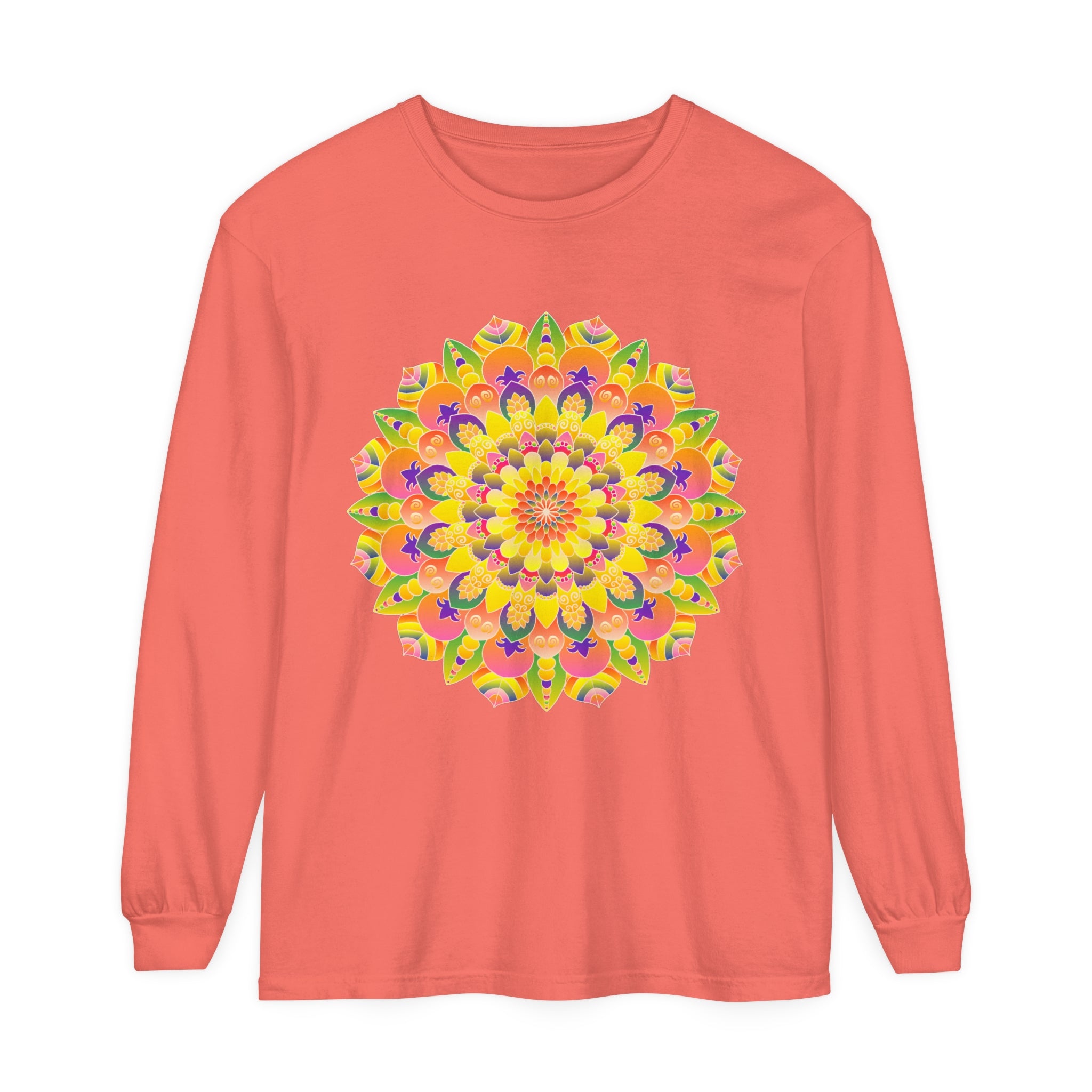 Colorful and intricate mandala design on a unisex long sleeve t-shirt