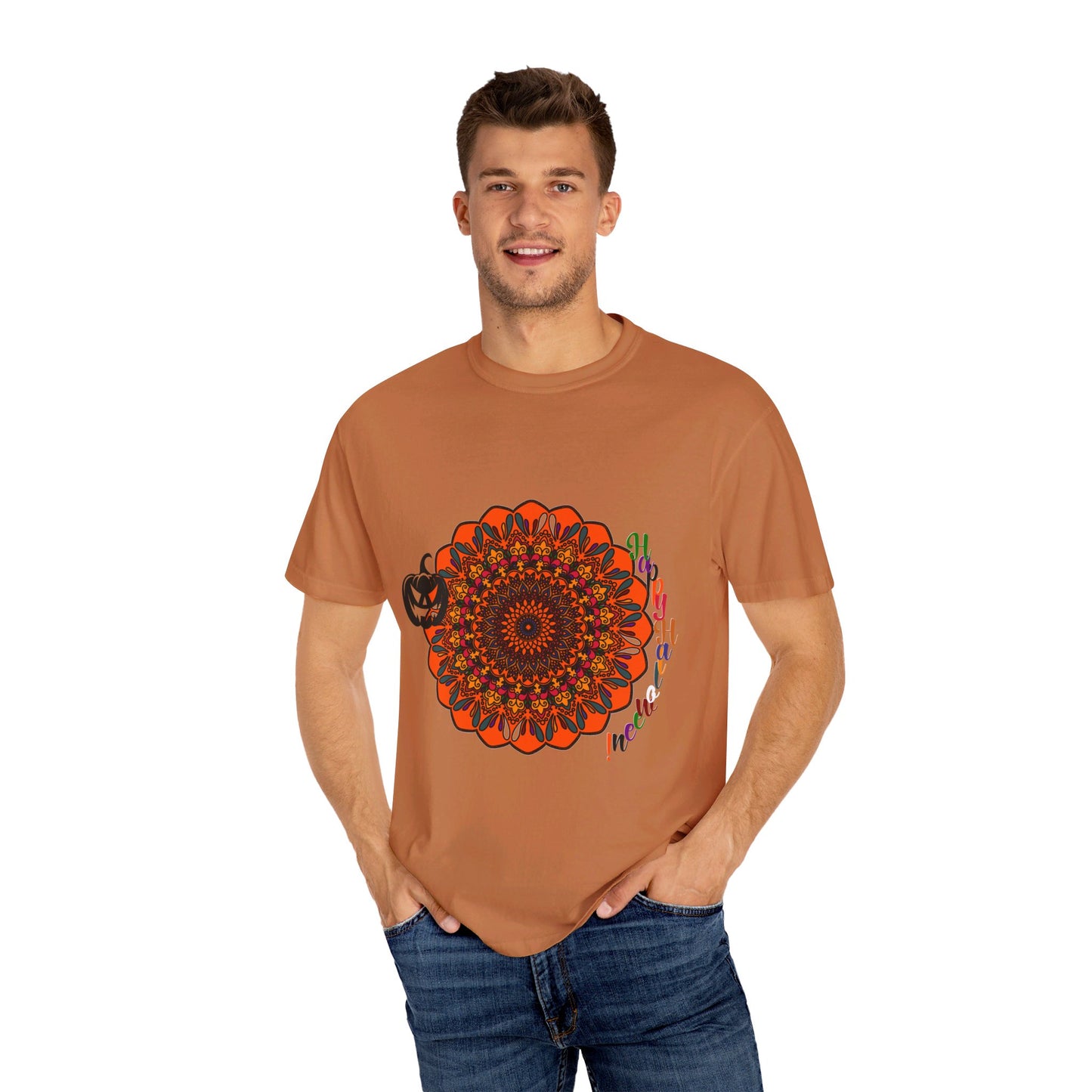 Handmade Pumpkin Mandala T-shirt featuring intricate design, perfect for both men and women, made with high-quality materials for a comfortable fit