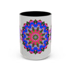 Bright and colorful mandala mug with intricate patterns