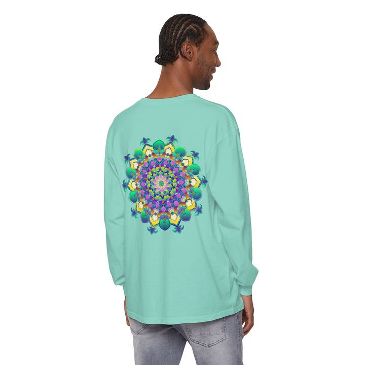 Colorful and detailed mandala design printed on a comfortable long sleeve t-shirt