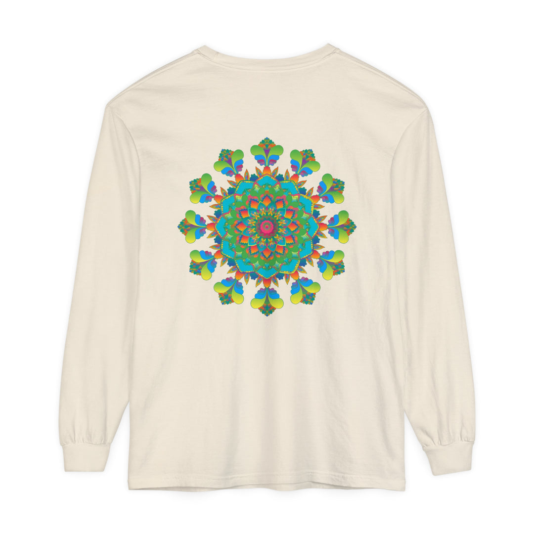 Colorful and vibrant psychedelic mandala tie dye long sleeve t-shirt on display