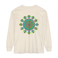 Colorful and vibrant psychedelic mandala tie dye long sleeve t-shirt on display