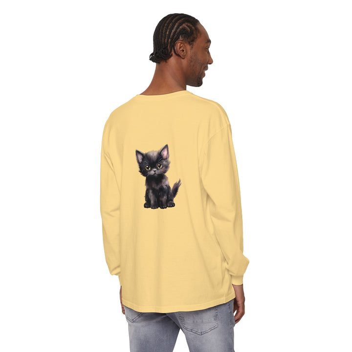 Adorable black kitten with bright yellow eyes printed on a stylish long sleeve t-shirt