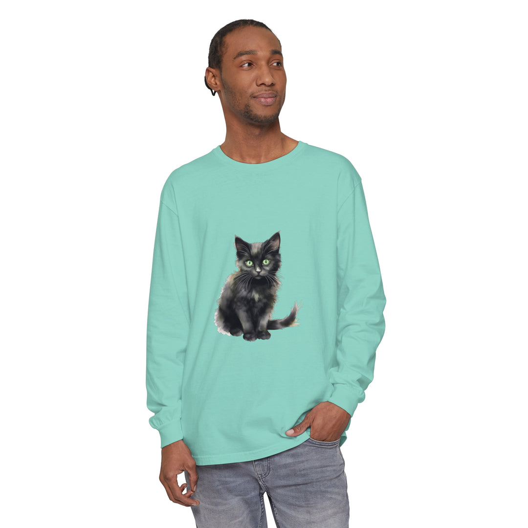 Black cat watercolor t-shirt with striking green eyes graphic design