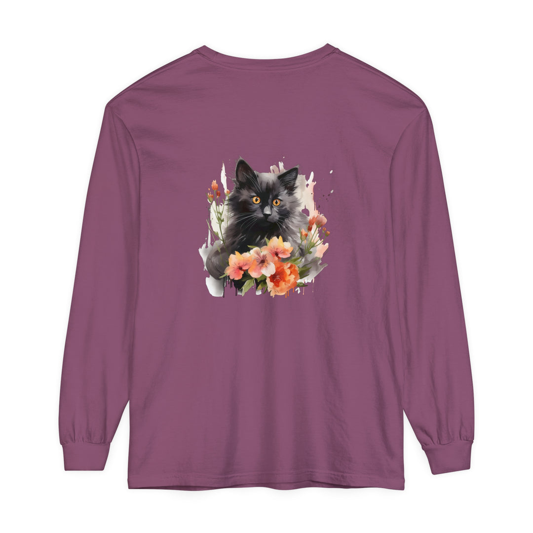 A close-up image of a Black Cat & Flowers Watercolor T-Shirt, featuring a beautifully detailed watercolor design of a black cat surrounded by vibrant flowers