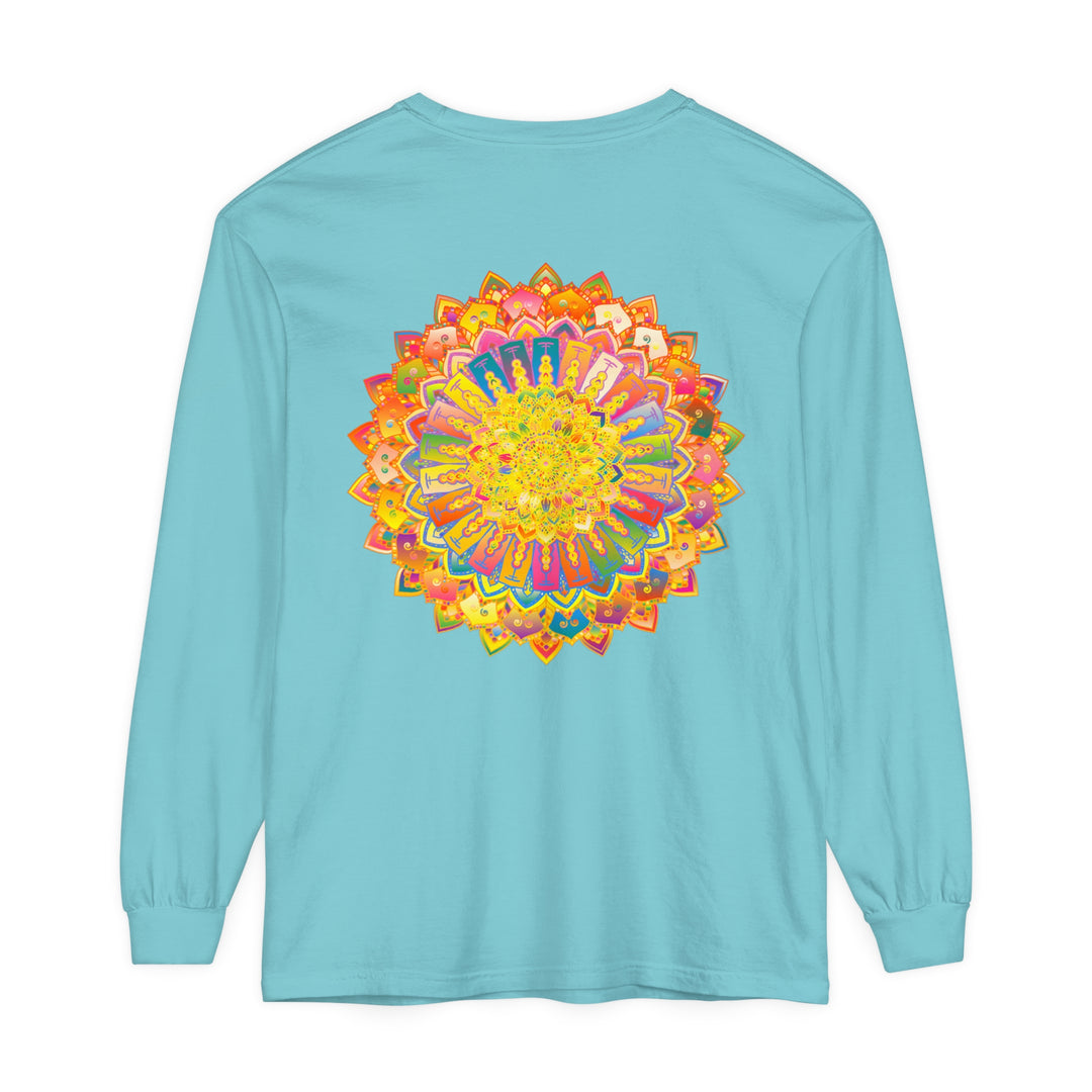 A close-up image of a colorful and intricate mandala design printed on a unisex long sleeve t-shirt