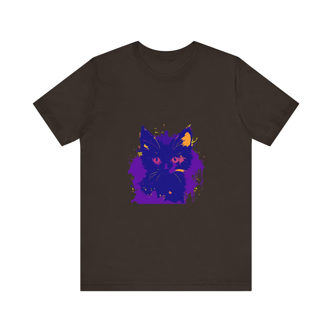 A whimsical blue and pink cat t-shirt featuring a playful feline design