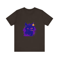 A whimsical blue and pink cat t-shirt featuring a playful feline design