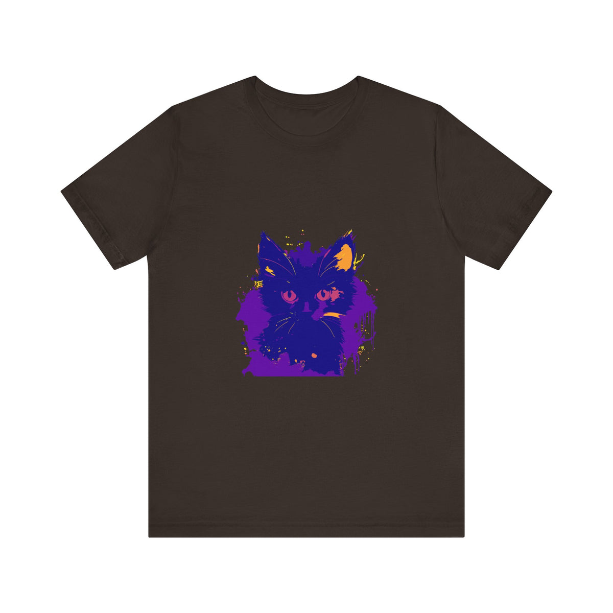 A whimsical blue and pink cat t-shirt featuring a playful feline design