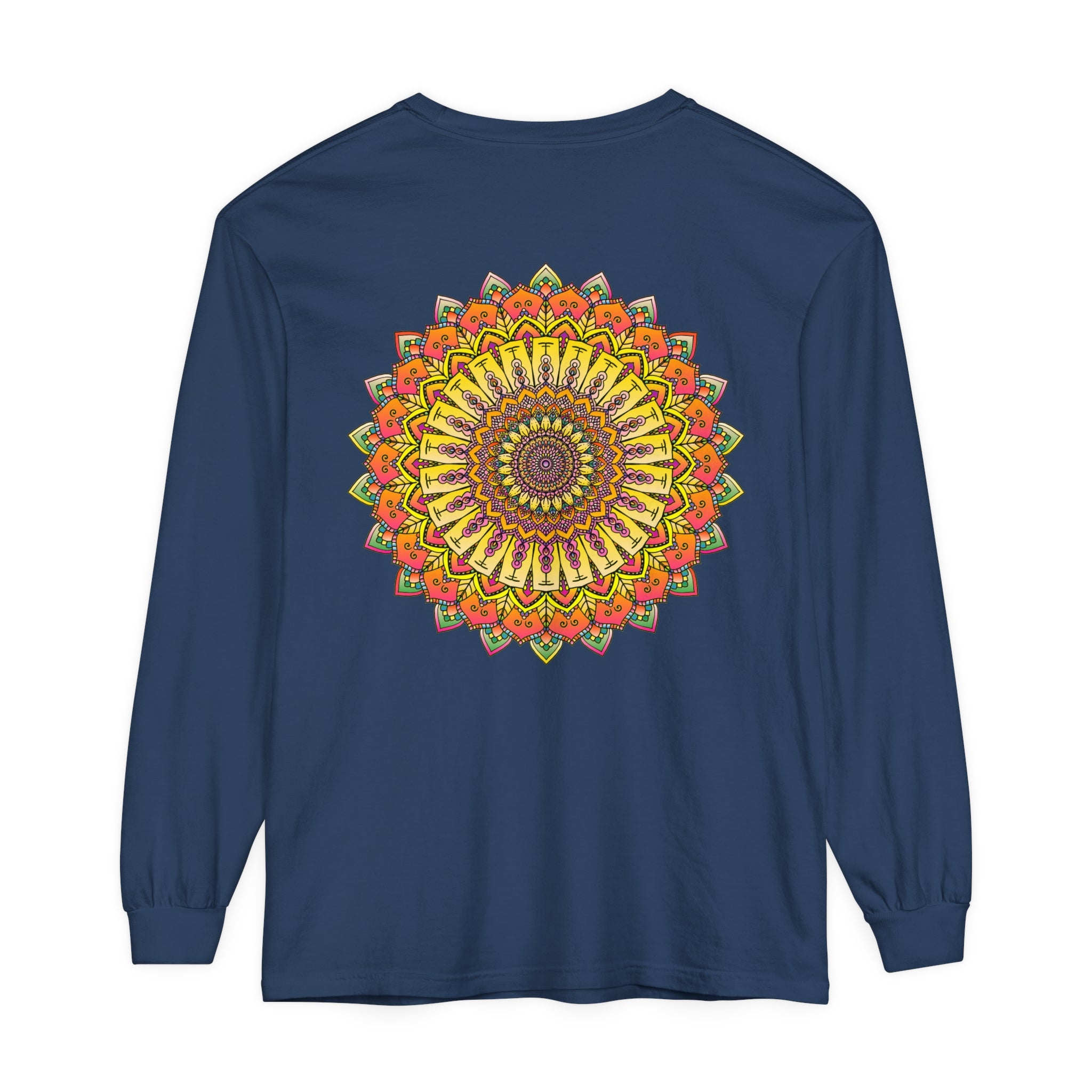 Intricate Mandala Unisex Long Sleeve T-Shirt featuring a detailed, colorful mandala design