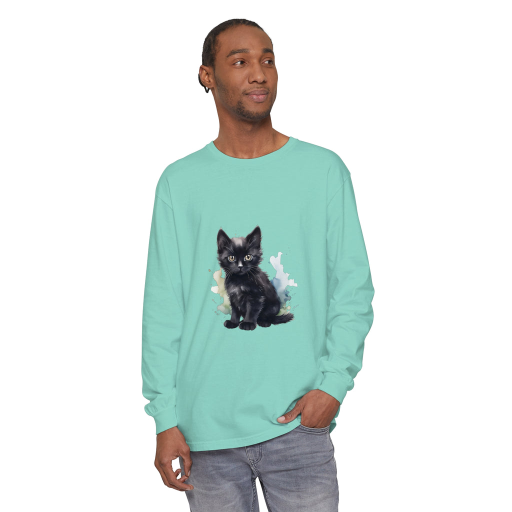 Black kitten watercolor design printed on a comfortable long sleeve t-shirt