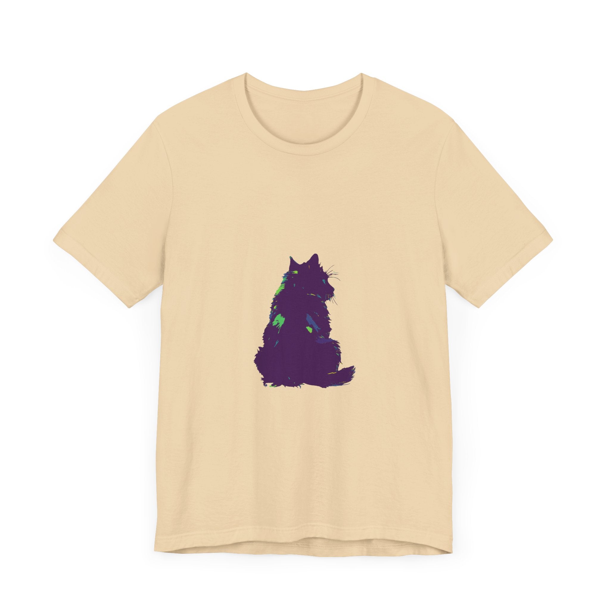 A vibrant and eye-catching t-shirt featuring a mysterious black cat silhouette