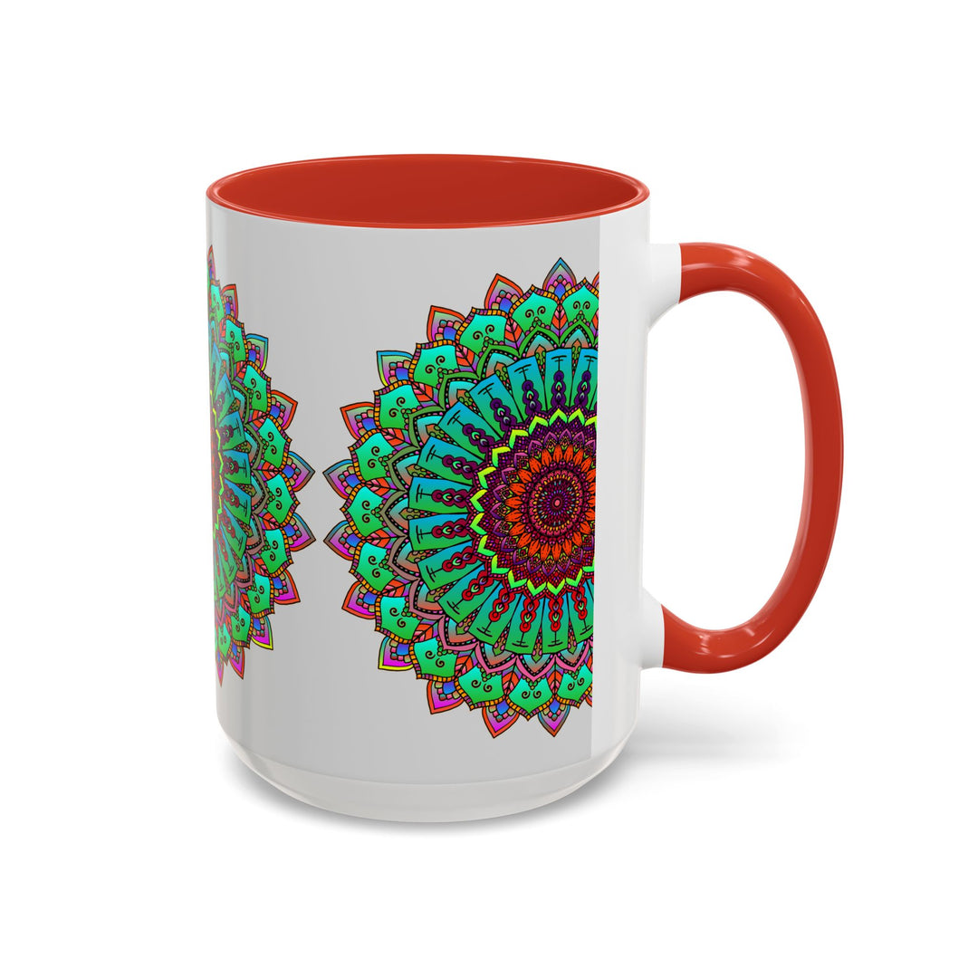 A light grey ceramic mug featuring a colorful mandala art design