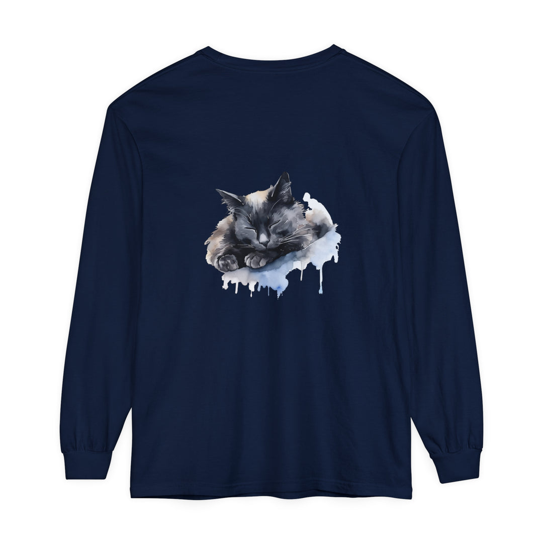 A watercolor illustration of a sleeping cat on a t-shirt