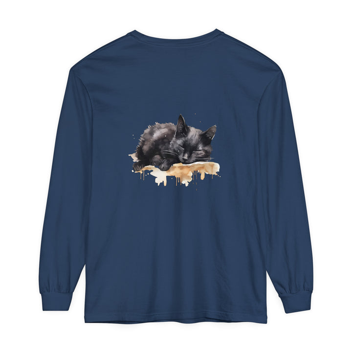 A beautiful watercolor illustration of a sleeping black cat on a t-shirt