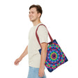 Colorful and intricate psychedelic mandala design tote bag for hippie fashion lovers