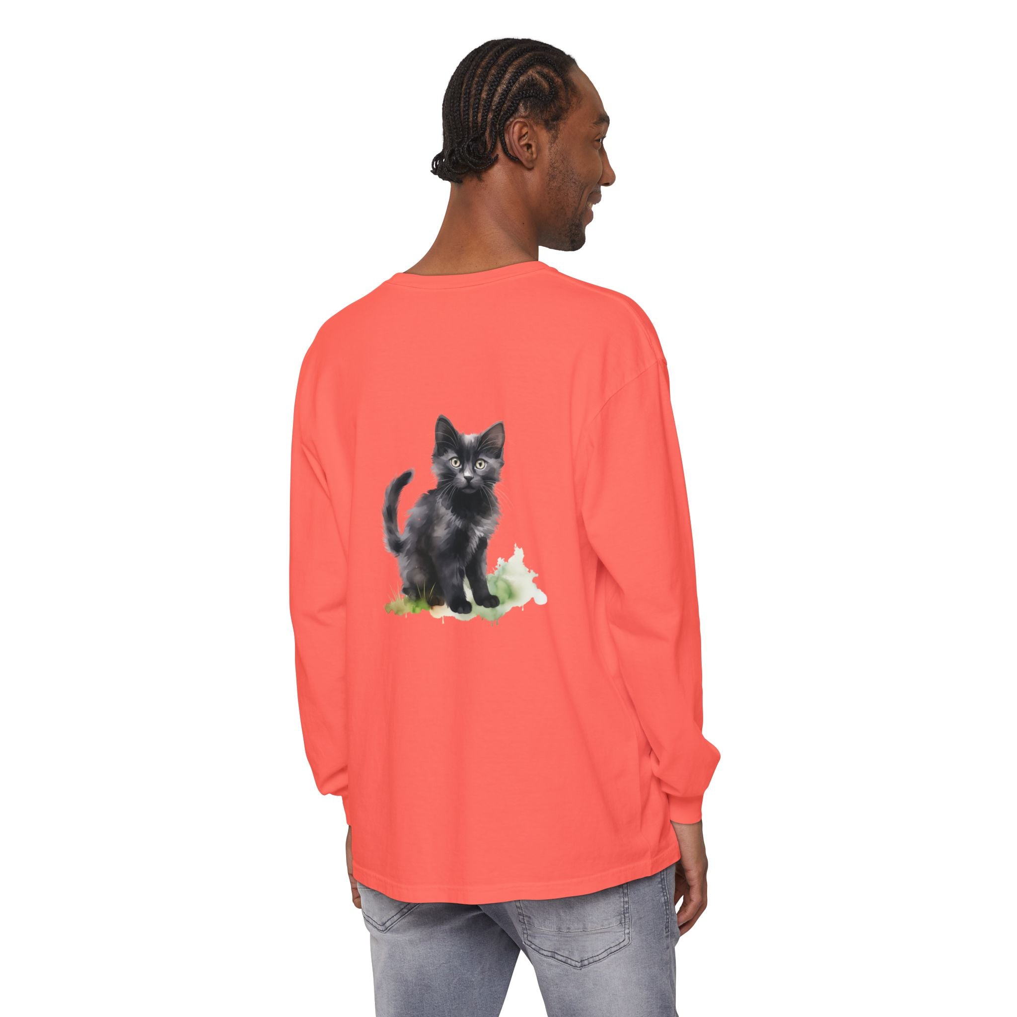 Maglietta a maniche lunghe con gatto nero e acquerello