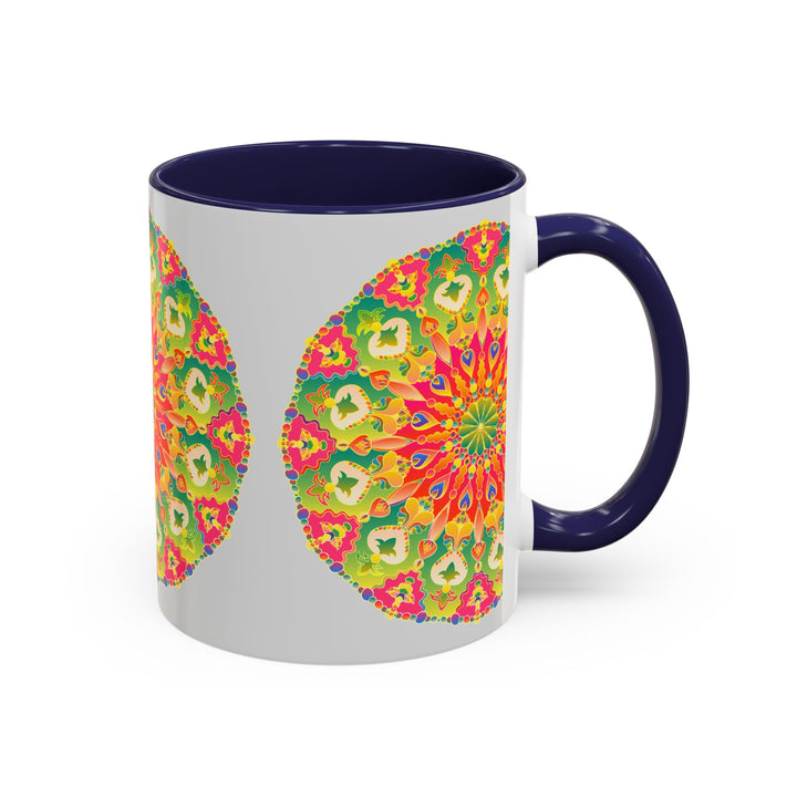 A vibrant and colorful mandala art mug with intricate design and bright hues