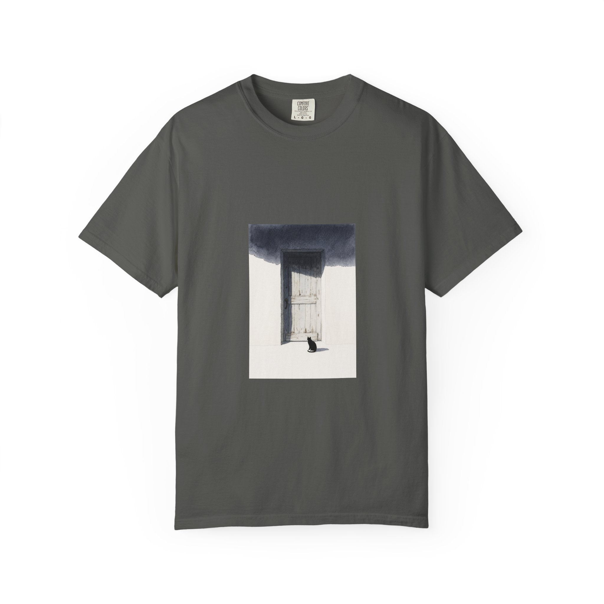 T-Shirt — Minimal Art Cat at Door Graphic Tee