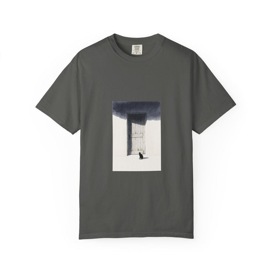 T-Shirt — Minimal Art Cat at Door Graphic Tee