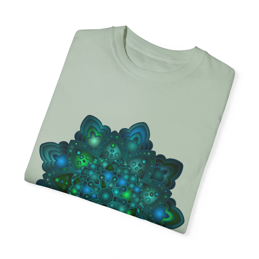 Intricate blue and green mandala design t-shirt, perfect for both men and women